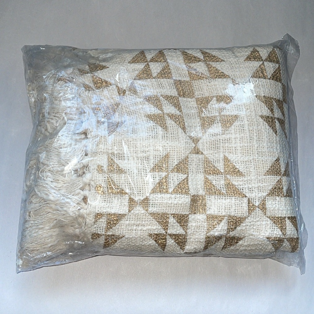 Paper Source Throw Blanket gold/ off white tassel knit 72X60